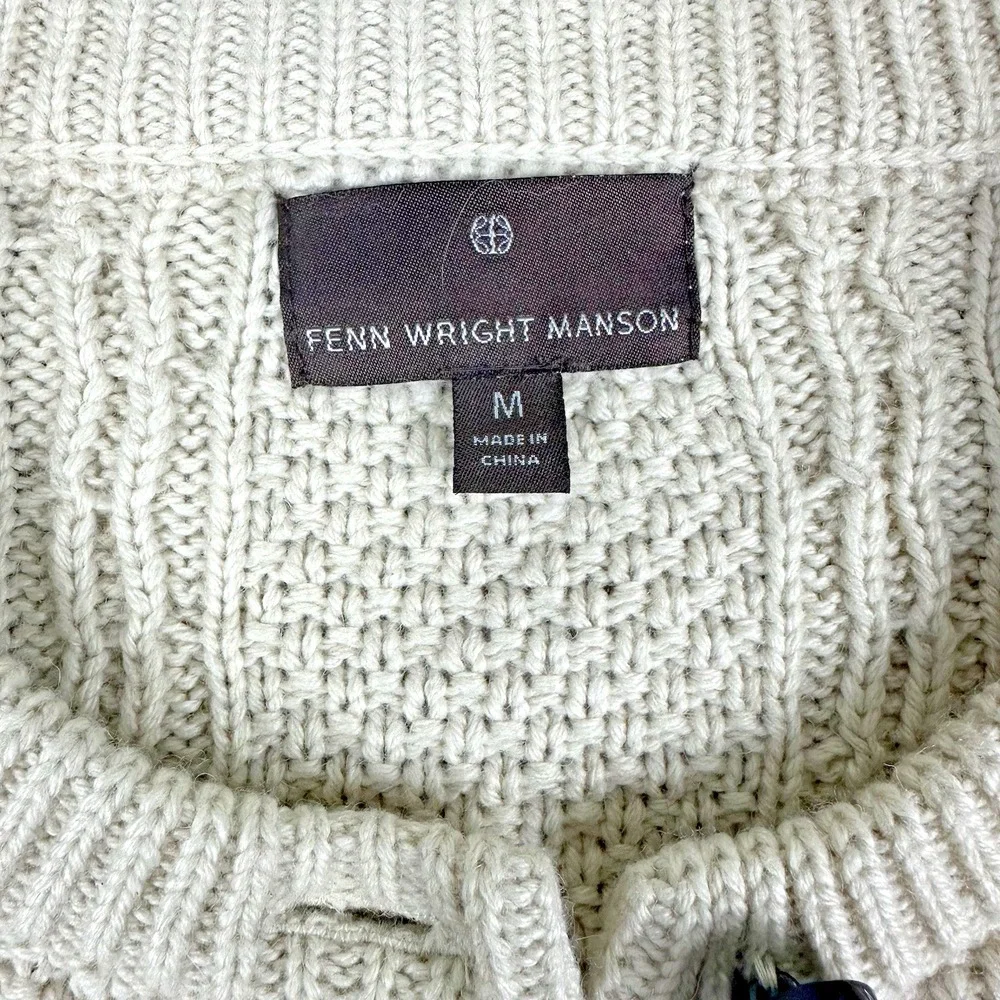 Fenn Wright Manson Cable Knit Cardigan Women's M‎ Ivory Wool Blend Elbow Patches